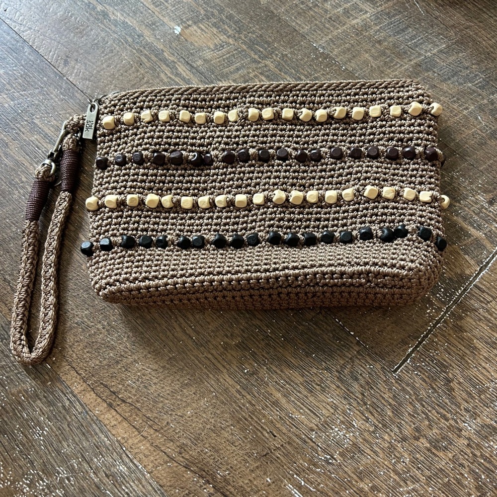The Sak Sayulita Vegan Crochet Beaded Taupe Wristlet Brown Boho Clutch Bag‎